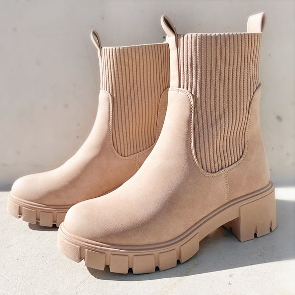 Qupid Shoes - NEW Taupe Beige Chunky Lug Sole Platform Elastic Sock Ankle Chelsea Bootie Boots